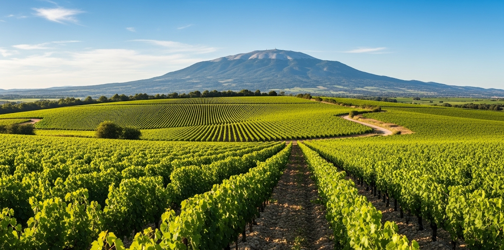 Vue du vignoble de l'AOP Ventoux avec le Mont Ventoux en arrière-plan